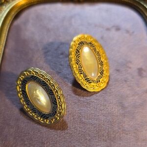 Vintage Duri Gold and Black Oval Earrings